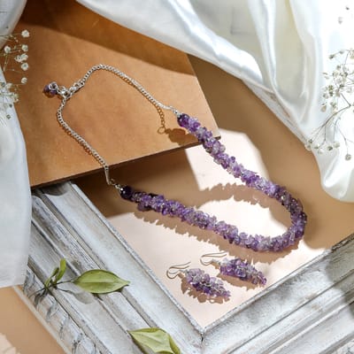 Amethyst necklace with Amethyst Earings, Semi Precious stone Necklace ,Amethyst bracelet ,Natural Crystal Jewelery, healing stones